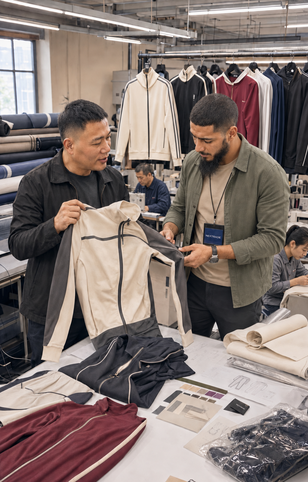 Anis contrôlant un échantillon textile avec un fournisseur partenaire en Chine